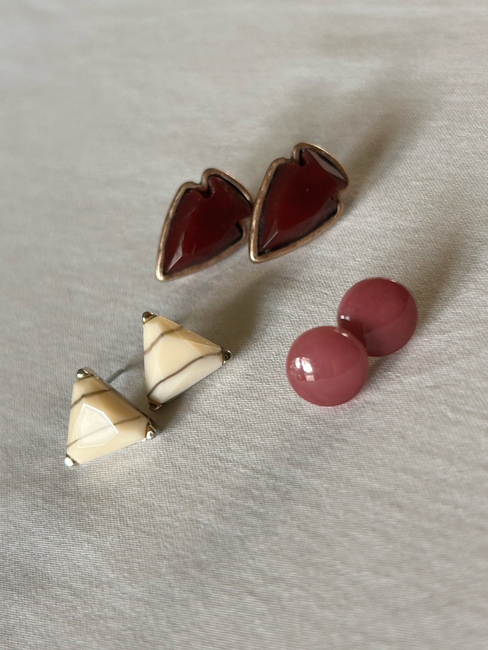 3 Pair Stud Earring Bundle Burgundy Mauve Cream Geometric